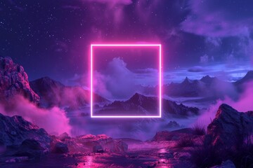 A vibrant neon pink square illuminates a mystical mountainous landscape under a starry sky