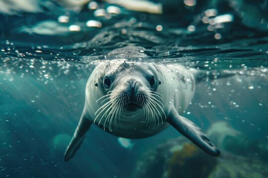 A close up image of a seal swimming in the water. Suitable for nature and wildlife themes