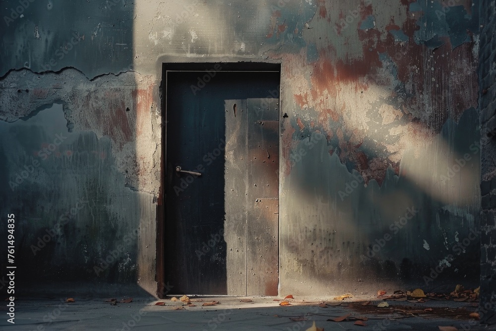 Poster a picture of an open door in a rundown building. can be used for urban exploration themes