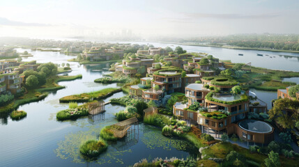 An aerial view of a sustainable community development nestled within a coastal ecosystem. The buildings