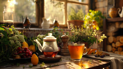 Obraz na płótnie Canvas still life with tea and fruits