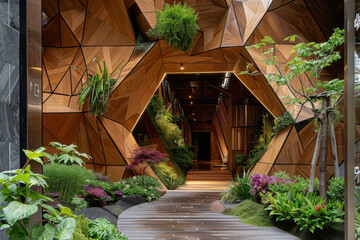 Close-up of an eco-friendly building entrance showcasing a symmetrical design with a series of interlocking polygonal shapes