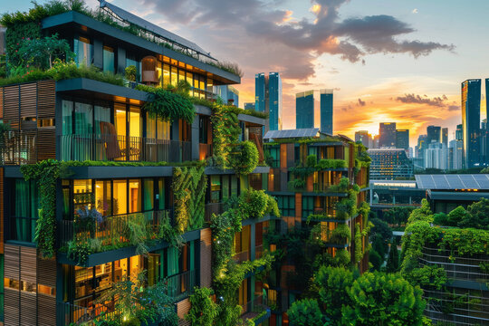 Close-up of a sustainable urban housing complex at dusk where organic architectural elements blend with eco-friendly innovations like solar panels