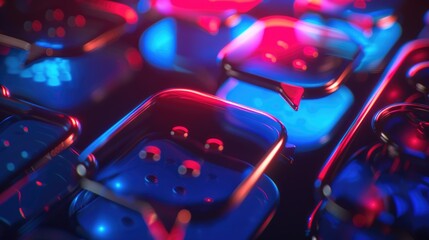A detailed view of a keyboard illuminated with red and blue lights. Suitable for technology and gaming concepts