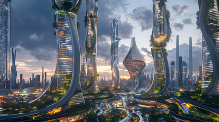 Futuristic cityscape at twilight featuring symmetrical