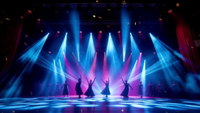 Dancers perform on luxury stage with spotlights, luxury show, theater