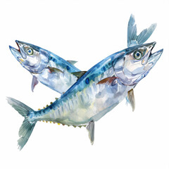 Artistic watercolor rendition of two mackerel fish with intricate details and hues on white background. - obrazy, fototapety, plakaty