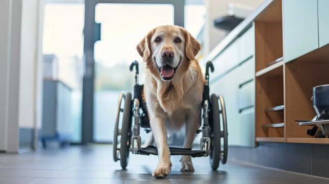 A Happy dog with a disabled leg using a wheelchair for a walk around the vet clinic