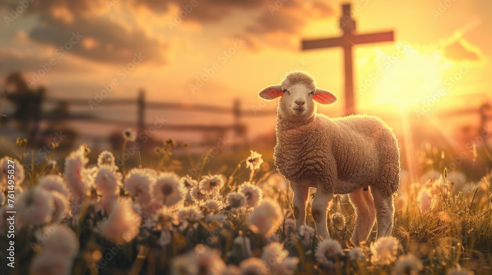 Poster A sheep standing in a field with a cross in the background. Suitable for religious themes