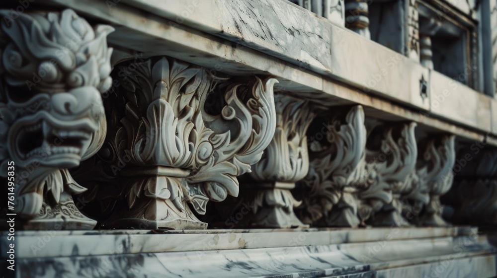 Poster close-up of intricate carvings on a building, suitable for architectural projects