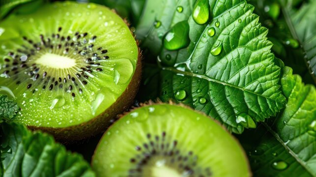 kiwi fruit and slices with bright green leaves and water drops