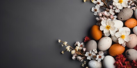 Easter eggs on a gray background. Place for text. Easter holiday. Generative AI