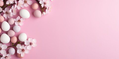 Easter eggs on a pink background with patterns. Place for text. Generative AI