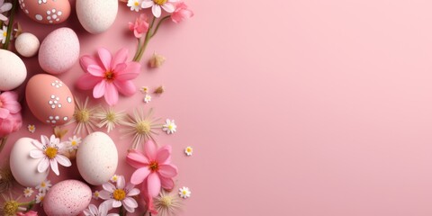 Easter eggs on a pink background with patterns. Place for text. Generative AI