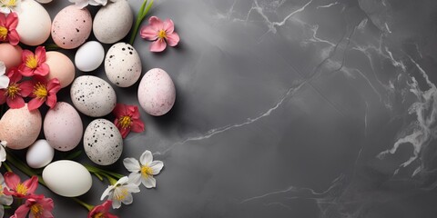 Easter eggs on a gray background. Place for text. Easter holiday. Generative AI