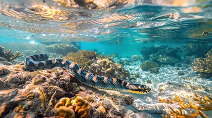 a sea snake swimming on a coral reef.