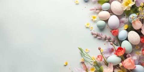 Easter eggs on a light background. Place for text. Easter holiday. Generative AI