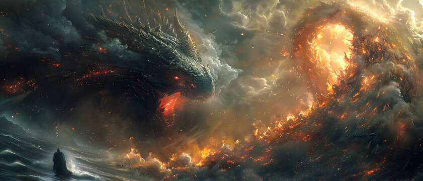 A monstrous leviathan emerges, dwarfing a lone boat, amidst volcanic oceanic waters under a mysterious glow