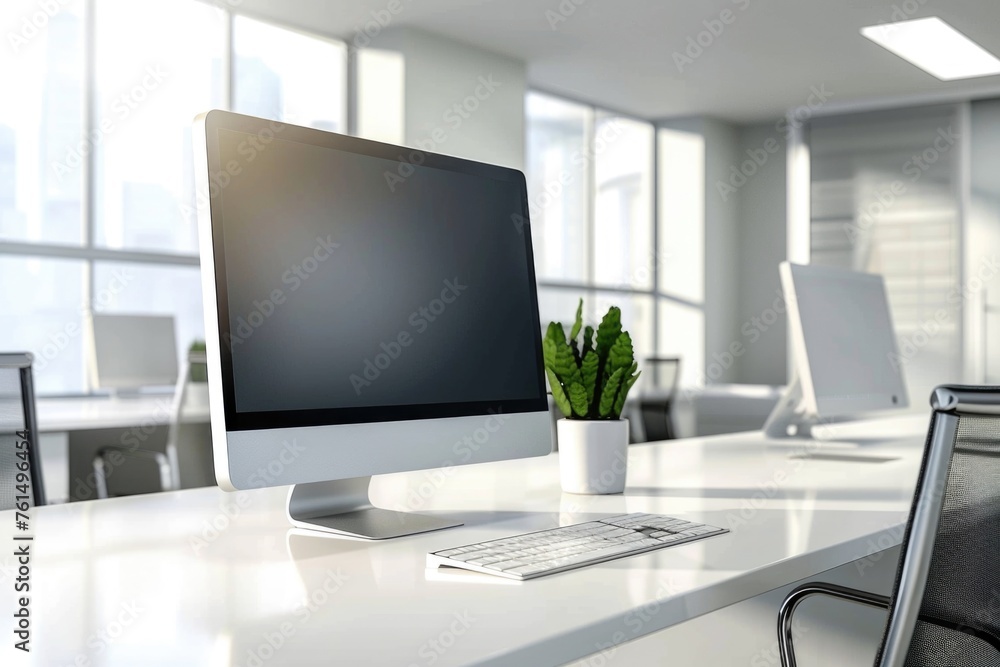 Poster modern computer monitor on a white desk, suitable for office or home workspace