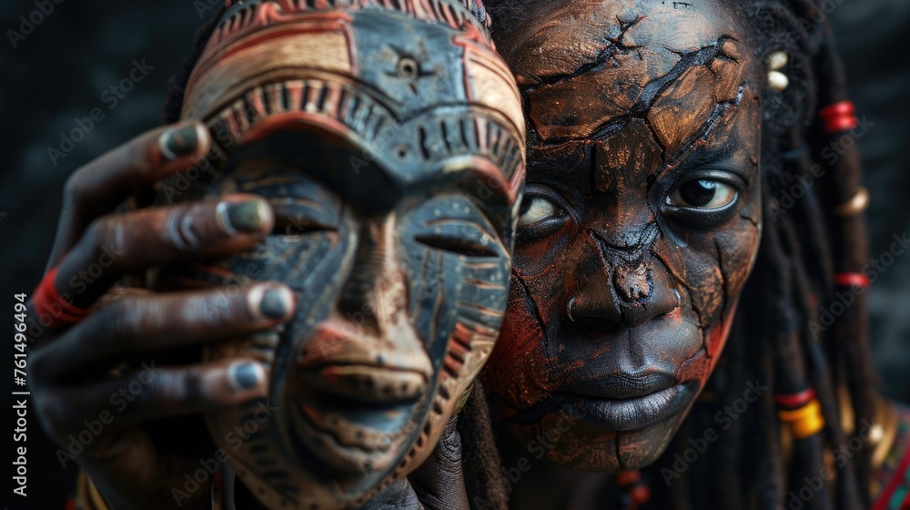 Poster close up of a person holding a mask, suitable for various themes and concepts
