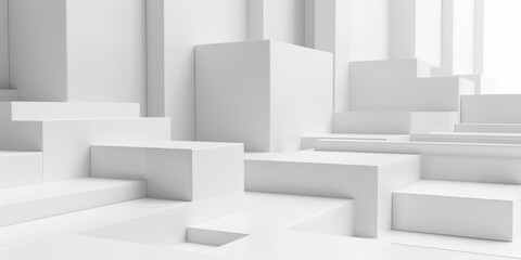 A group of white cubes on a white floor. Suitable for minimalistic design projects