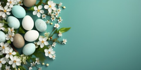Easter eggs on a green background, top view, space for text. Generative AI