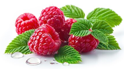 Fresh raspberry with vibrant green leaves and water drops