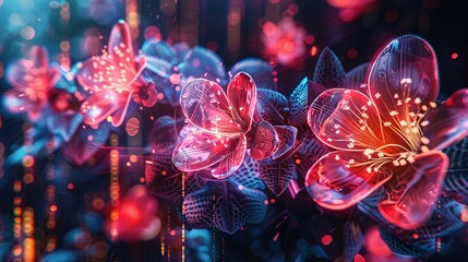 Craft a cyberpunk-inspired image with flowers composed of speakers and sound waves, neon accents, against a black background, blending old tech and vacuum tubes - obrazy, fototapety, plakaty