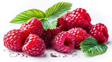 red raspberries adorned with vibrant green leaves and water droplets.
