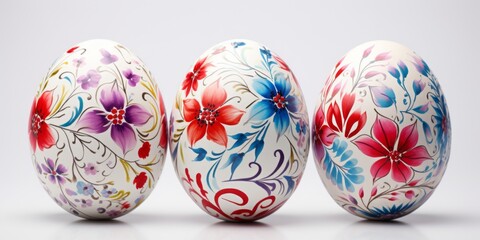 White Easter eggs with a floral pattern on a white background. Easter holiday. Generative AI