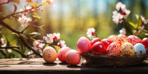 Multi-colored Easter eggs on a wooden background on Easter holiday