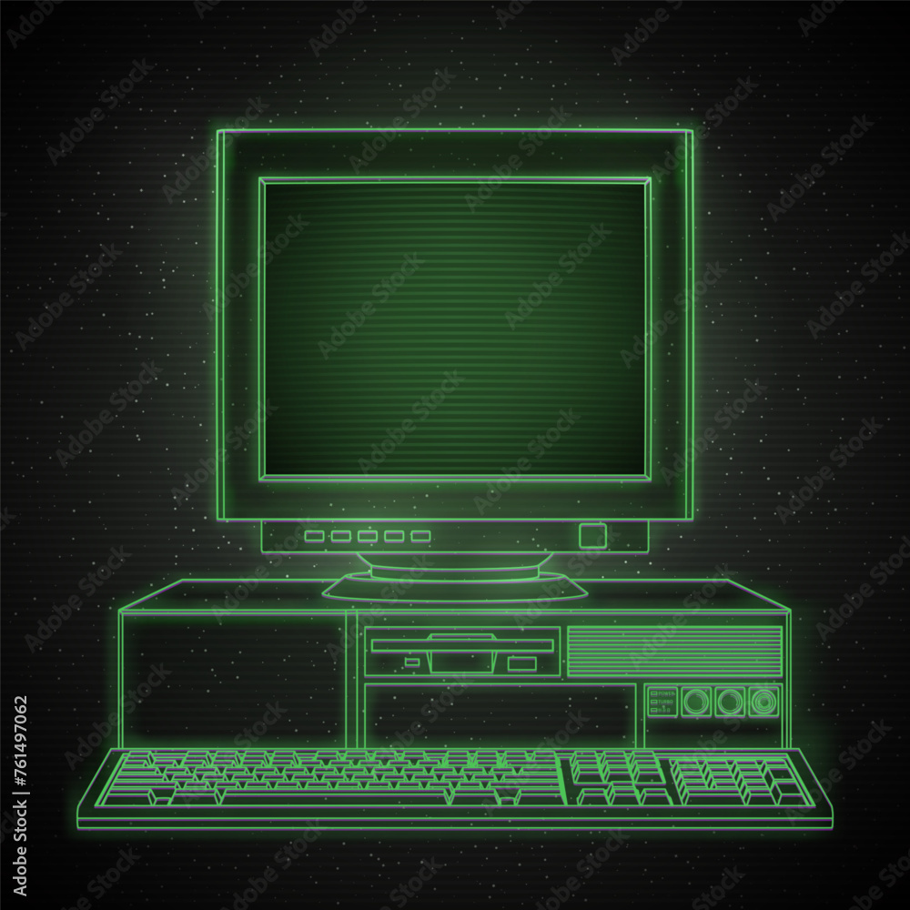 Aufkleber contour of retro computer in deep space. retro 80s futuristic design