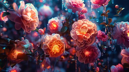 Craft a cyberpunk-inspired image with flowers composed of speakers and sound waves, neon accents, against a black background, blending old tech and vacuum tubes - obrazy, fototapety, plakaty