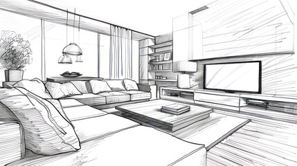 Minimalist black and white pencil sketch of an interior home