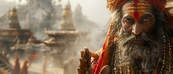 An elderly Sadhu in vivid orange robes holding prayer beads stands devoutly against a backdrop of ancient temples shrouded in mist - obrazy, fototapety, plakaty