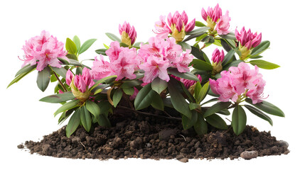 woody bush of pink rhododendron flowers growing in the ground isolated on white
