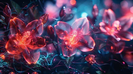 Foto op Plexiglas Craft a cyberpunk-inspired image with flowers composed of speakers and sound waves, neon accents, against a black background, blending old tech and vacuum tubes © growth.ai