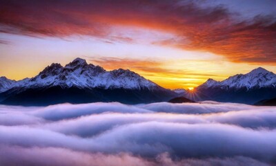 The mountains are covered in clouds and the sun is setting behind them. The sky is a mix of orange and pink hues, creating a serene and peaceful atmosphere