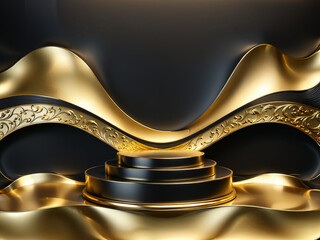 Opulent Black and Gold Podium: 3D Golden Product Line Stage with Wave Display, Luxurious Design Showcase for Events, Beauty Presentations, and Cosmetic Sales, Product Disyplay Platform, Presentation