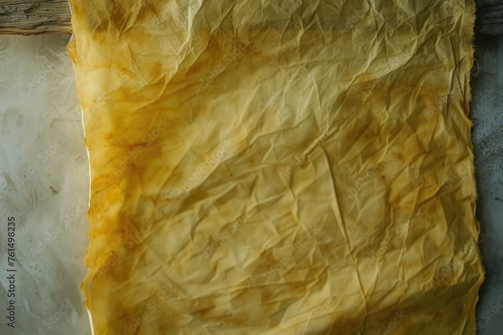 Poster yellow paper on top of a wooden surface, suitable for various design projects