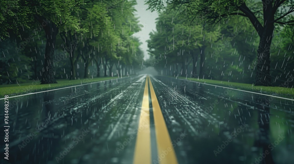 Poster a wet road with a yellow line in the middle. suitable for transportation concepts