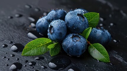 Obraz na płótnie Canvas Juicy blueberries with vibrant green leaves and water drops. 