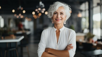 Portrait of elegant mature businesswoman with grey hair among corporate professionals - obrazy, fototapety, plakaty