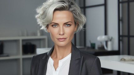 Portrait of mature female executive with grey hair among diverse group of business professionals