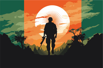 Obraz premium Silhouette of saluting soldiers with Bangladesh flag, Sunset background, National holidays