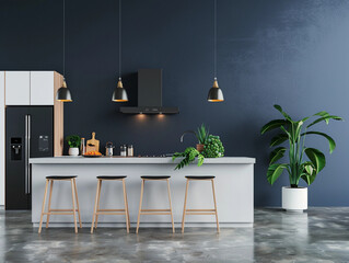Minimalist interior design in a kitchen with a mockup dark blue wall 