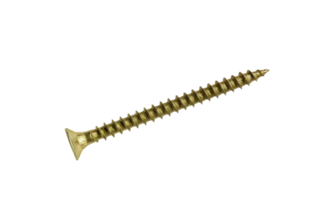 Close-Up of a Single Gold-Colored Wood Screw Isolated on Transparent Background