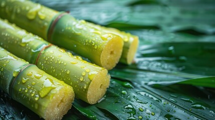 Fresh sugarcane with vibrant green leaves and water drops - obrazy, fototapety, plakaty