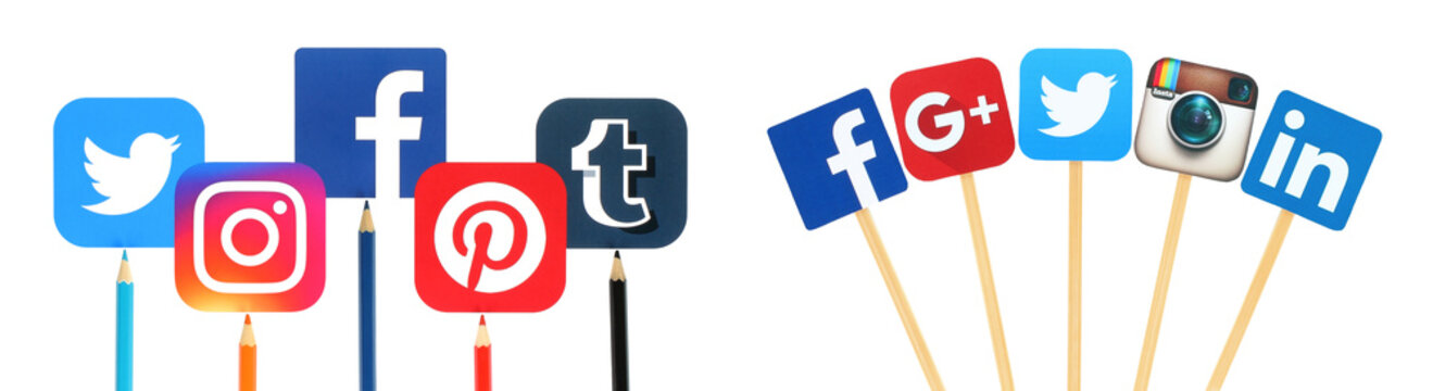 Concept of Popular Social Media paper icons, such Facebook, Pinterest, Tumblr, Instagram, Twitter, with color pencils and wooden sticks, isolated on transparent background