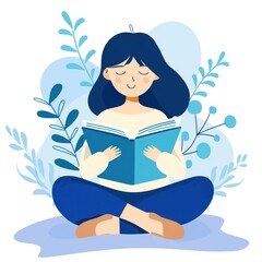 Flat vector style illustration of a woman reading a book, cute blue color, gentle but vibrant
